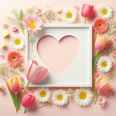 Spring background for congratulatory inscription. Pink heart-shaped background with white frame, outline decorated with tulips, daisies and chrysanthemums. 
