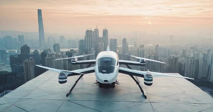 evtol futuristic passenger transport on the roof of a building overlooking the metropolis 