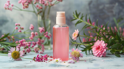Pink Beauty Serum Bottle Surrounded by Fresh Spring Flowers on a Textured Background