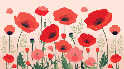 Fototapeta premium Floral card with red flowers garden plants. Backgro