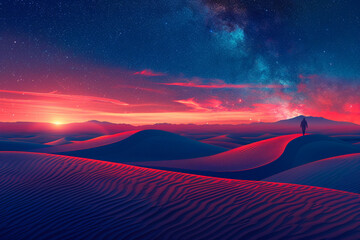 A grainy gradient illustration of a tranquil desert landscape with rolling dunes under a starry night sky.