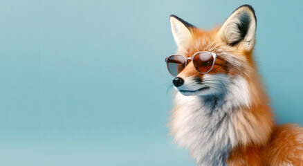 Fototapeta premium Portrait of a fashionable fox in sunglasses isolated on a blue background. Generative AI
