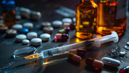 Different drugs and syringe on dark background, closeup - obrazy, fototapety, plakaty