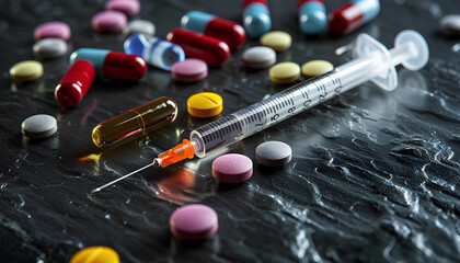 Different drugs and syringe on dark background, closeup