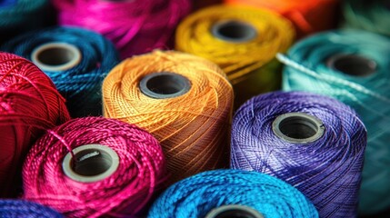 Vibrant sewing threads coiled around a spool Textile