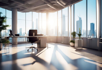 'illustration 3d daylight bright view skyline panoramic office empty modern front window city company glasses loft apartment interior architecture landscape downtown estate skyscraper'
