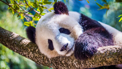 portrait of a cute panda sleeping on a tree branch in the forest with sun rays. Generative AI.