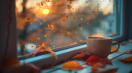 A cup of hot autumn coffee or tea on the window, living in hygge style, perfect for cold fall weather and Halloween. - obrazy, fototapety, plakaty