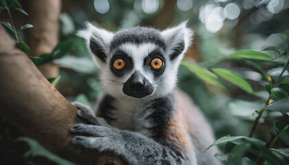 portrait of a cute lemur sleeping on a tree branch in the forest with sun rays. Generative AI