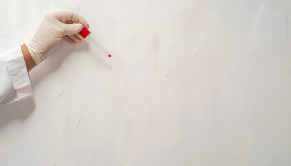 Laboratory worker's hand in rubber glove holding test tube with blood sample on light background