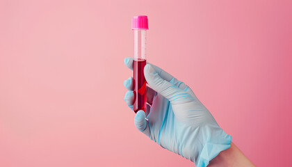 Laboratory worker's hand in rubber glove holding test tube with blood sample on light background