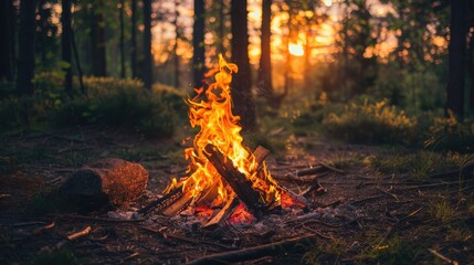 Burning bonfire at sunset during a forest hike
