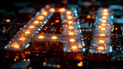 Fototapeta premium Close-up of a futuristic circuit board with bright lights and connections symbolizing tech