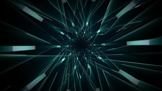 Dark abstract tunnel made of futuristic structure with glowing pattern. Animated digital background with flying through steel lines in a darkness. Motion graphics for technology and science. 4k, 60fps