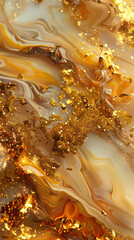Golden amber marble ink cascading elegantly amidst a mystical abstract backdrop, glistening with radiant glitters, evoking richness.