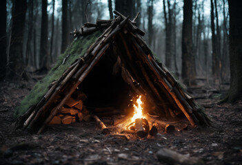 outside campfire hut fire forest Blanket Primitive debris shelter Bushcraft ring survival - Powered by Adobe