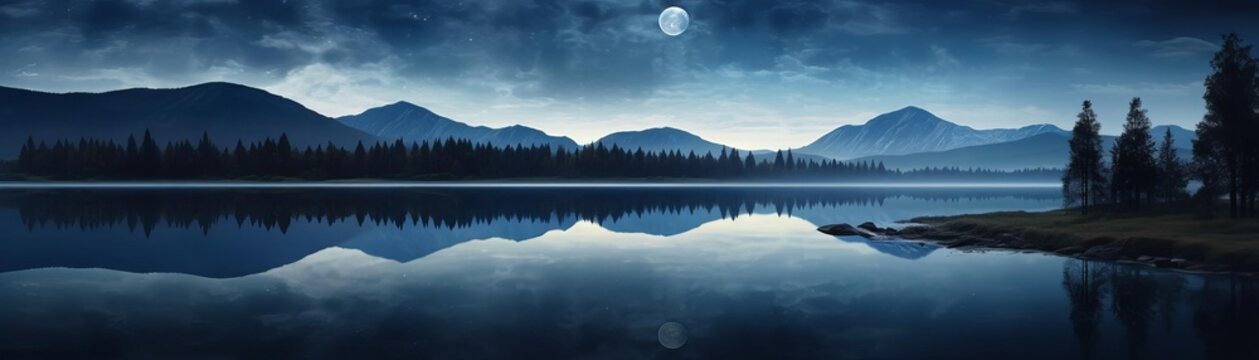 A beautiful landscape of a lake and mountains at night