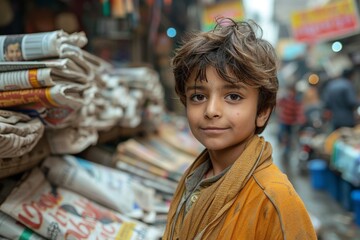 Fototapeta premium Portrait of a young boy standing by a newspaper stand with a backdrop of a bustling market