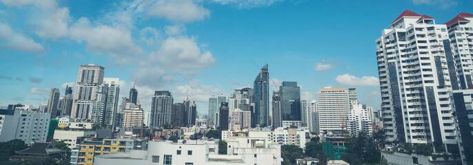 Banner Amazing panorama view of Bangkok city skyline with blue sky. Beautiful skyscraper bangkok...
