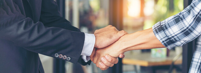 Banner Trust honesty business customer handshake together promise partner. Panorama Businessman...