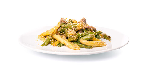 Stir Frying Beef with Green String Beans Isolated, Fried French Beans with Meat on White