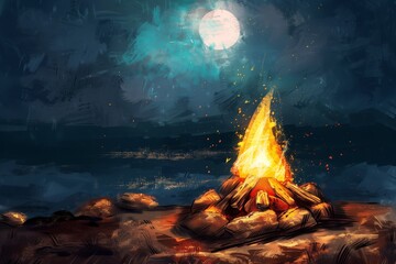 Burning fire under the night sky