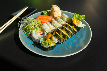 Sushi Plate, Fish Maki Rolls, Japan Seafood, Sushi Set, Asian Dinner, Tradition Nigiri Susi