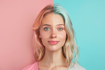 Beauty and woman-focused visual aging prevention strategies; old acne considerations and dimpled chin aesthetics merge with contrasting ages in skincare treatments.