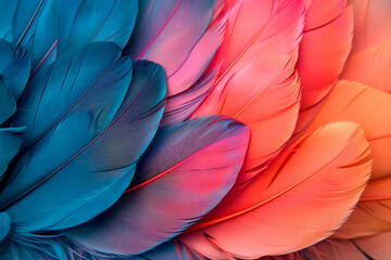Vibrant colorful saturated pattern background texture of color feathers decoration.