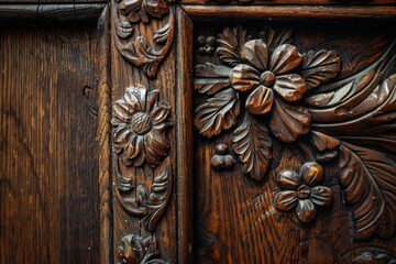 Exquisite detail of floral carvings on a vintage oak door
