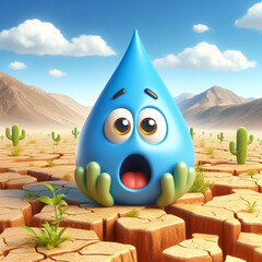 Water drop cartoon on arid and dry soil due to lack of water. World Water Day