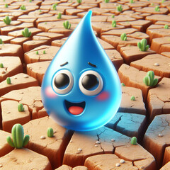 Water drop cartoon on arid and dry soil due to lack of water. World Water Day