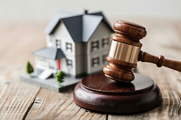 Real estate auction. Gavel with a model house depicting legal issues