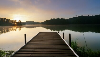 Fototapeta premium Lakeside pier with beautiful sunrise view