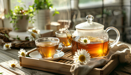 Wooden tray with teapot, cups of natural chamomile tea and flowers on table in kitchen