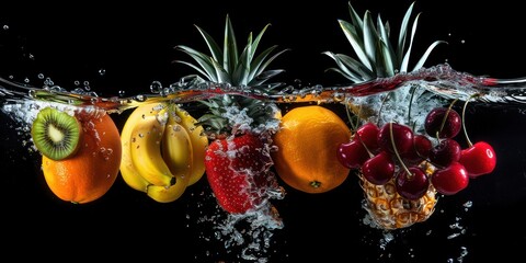 pineapple, oranges, kiwi, banana, strawberry, cherry, falling into the water,