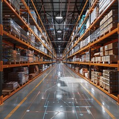 AR for inventory management in a vast warehouse, detailed textures, seamless integration in logistics