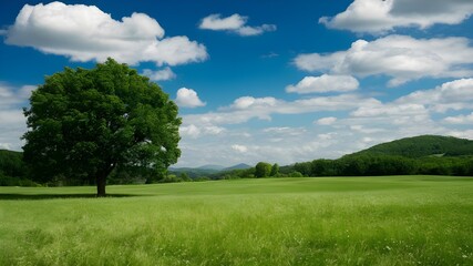 tree in the field with blue sky and grass