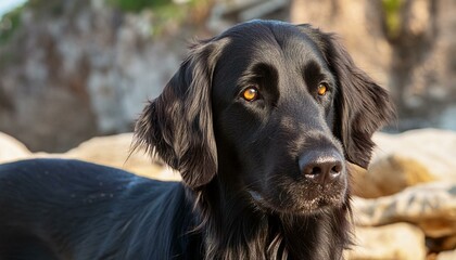 Majestic Black Flat Coated Retriever Poses Gracefully, Emphasizing Yellow Eye
