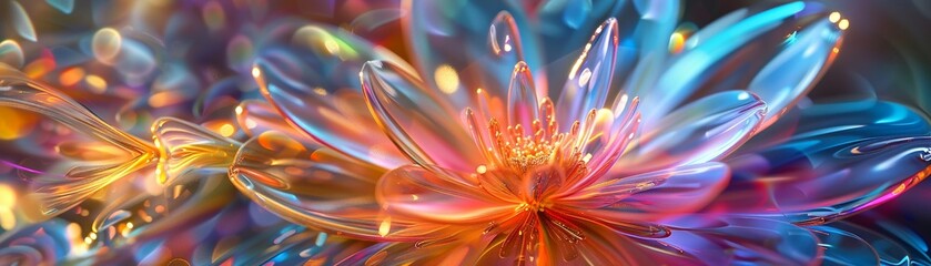 Interactive glass flower sculpture reacting to digital rainbow projections, dynamic lighting, immersive art installation