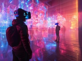 Multiple testers navigating virtual interfaces in a shared space, dynamic lighting, showcasing collective digital exploration
