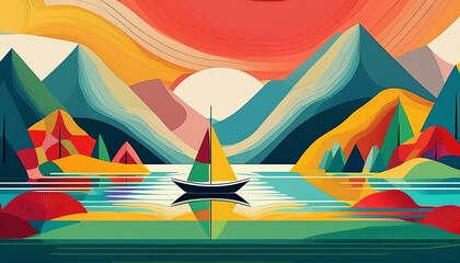 A boat sailing on the lake, colorful flat illustration style.