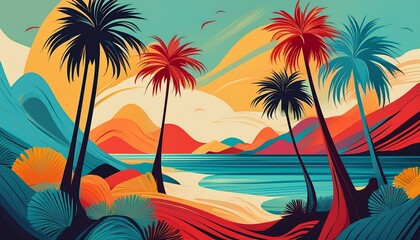 Colorful illustration of sea beach with coconut trees.