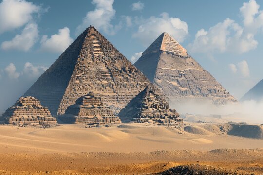 The iconic pyramids sit in the Giza plateau with a hazy desert backdrop under a blue sky, embodying ancient times and mysteries