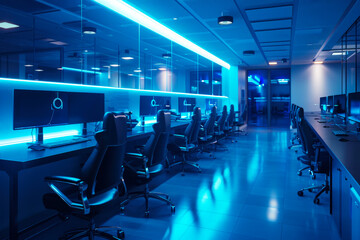 Side view of open space business office interior with rows of computer tables and chairs, blue tone