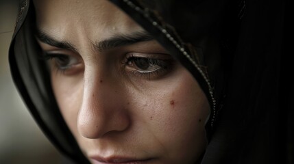 Big close up view of the face of a Muslim woman wearing an Islamic headscarf or hijab. Housewives are also office workers, professional businesswomen.