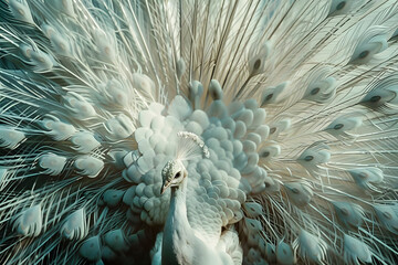 Male white peacock showing feathers. Close up background. © Maryna
