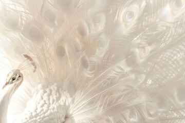 Exotic background of white peacock feathers. Peacock feathers background. White peacock feathers closeup. © Maryna