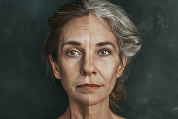 Modern aging and skin discussions on aging merge with split care and visual age comparison considerations; old woman and routine dynamics focus on aging portrait and facial age contrasts.