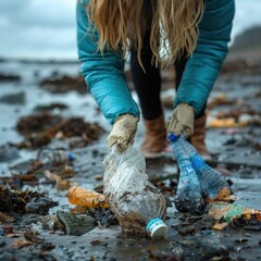 A volunteer collects garbage on a muddy beach. Close-up. The concept of Earth Day. Generative AI